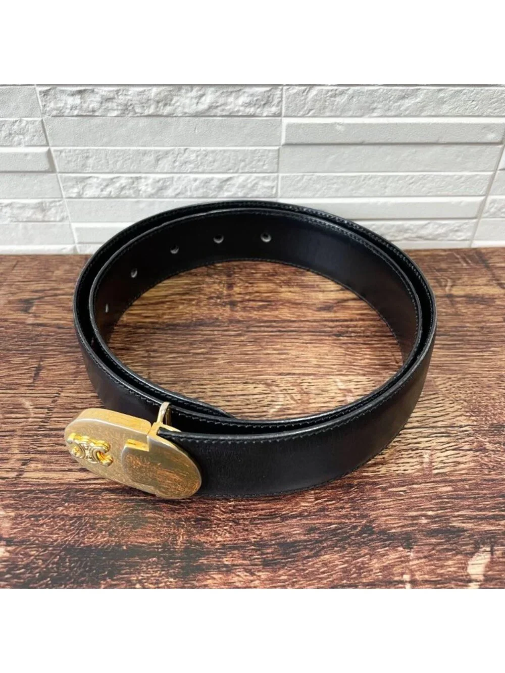 Celine Leather Triomphe Logo Buckle Belt Black